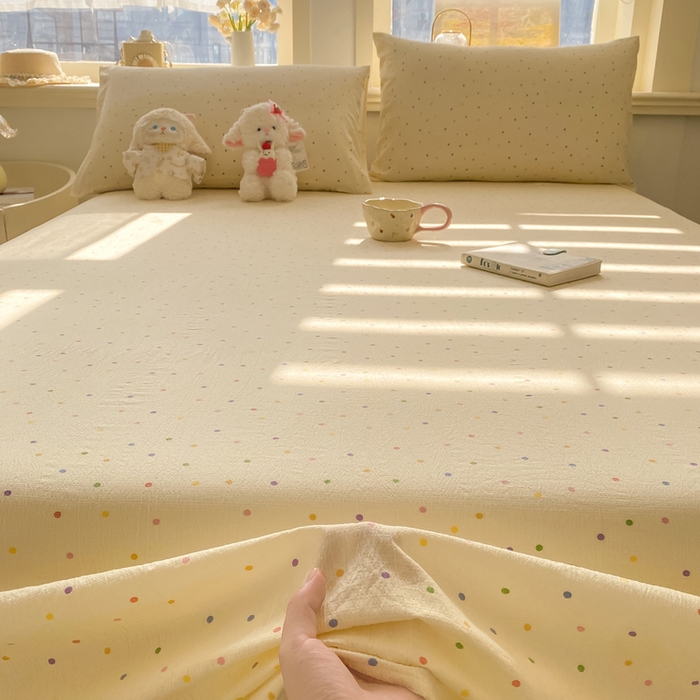 91家纺网 家纺一手货源 找家纺 晓时候 2026新款A类云感双层纱床单三件套单品单件床单 多彩波点