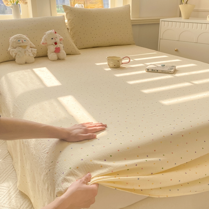 91家纺网 家纺一手货源 找家纺 晓时候 2026新款A类云感双层纱床单三件套单品单件床单 多彩波点