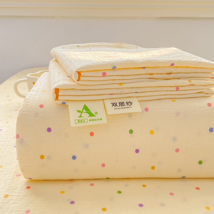 91家纺网 家纺一手货源 找家纺 晓时候 2026新款A类云感双层纱床单三件套单品单件床单 多彩波点