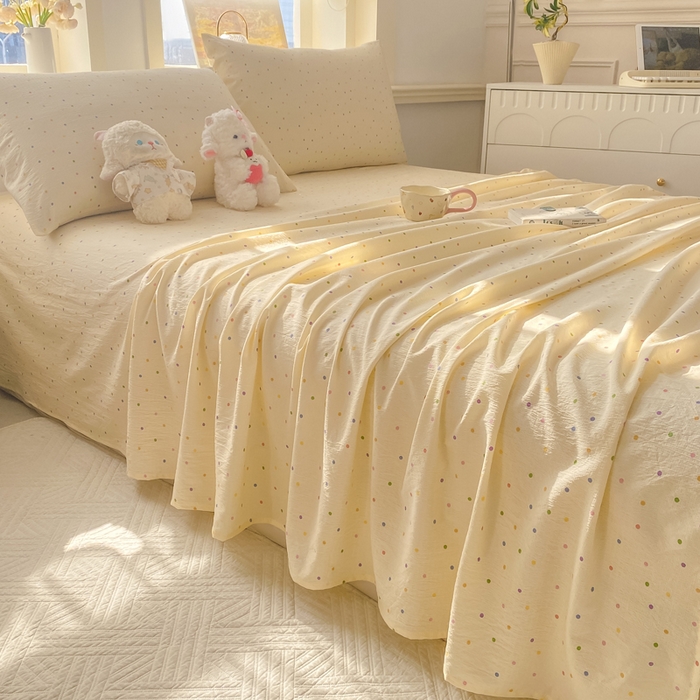 91家纺网 家纺一手货源 找家纺 晓时候 2026新款A类云感双层纱床单三件套单品单件床单 多彩波点