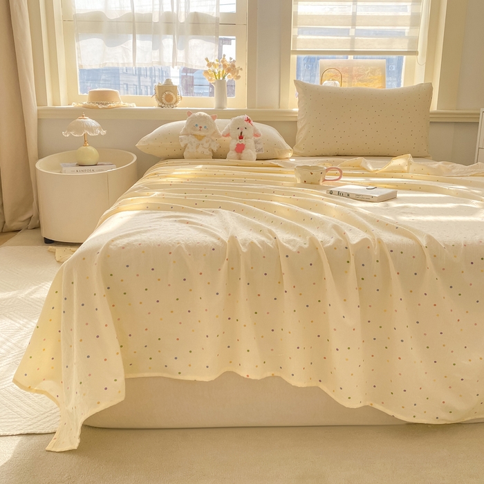 91家纺网 家纺一手货源 找家纺 晓时候 2026新款A类云感双层纱床单三件套单品单件床单 多彩波点