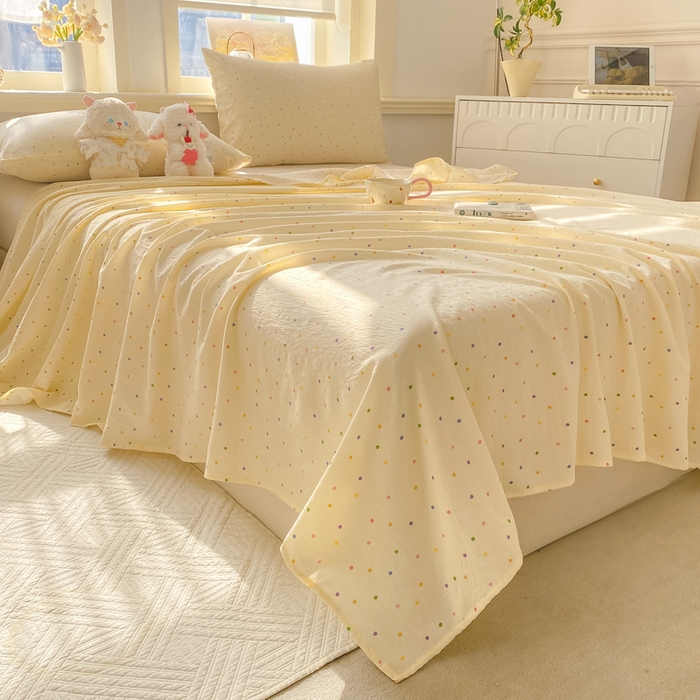 91家纺网 家纺一手货源 找家纺 晓时候 2026新款A类云感双层纱床单三件套单品单件床单 多彩波点