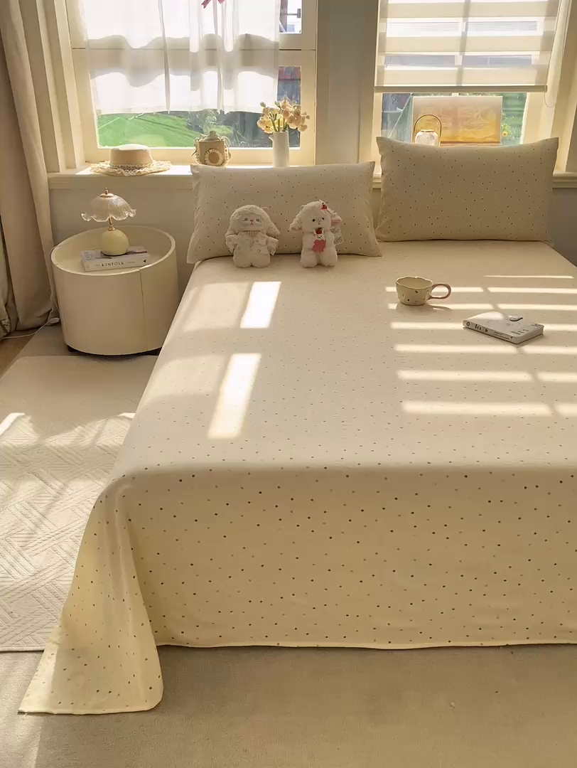 91家纺网 家纺一手货源 找家纺 晓时候 2026新款A类云感双层纱床单三件套单品单件床单 多彩波点