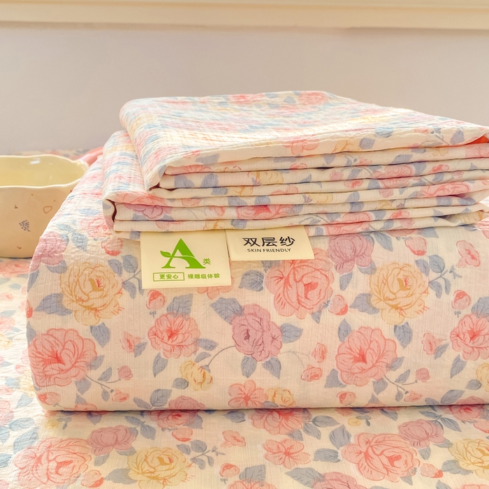 91家纺网 家纺一手货源 找家纺 晓时候 2026新款A类云感双层纱床单三件套单品单件床单 繁花