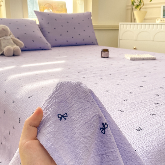 91家纺网 家纺一手货源 找家纺 晓时候 2026新款A类云感双层纱床单三件套单品单件床单 蝴蝶结-紫