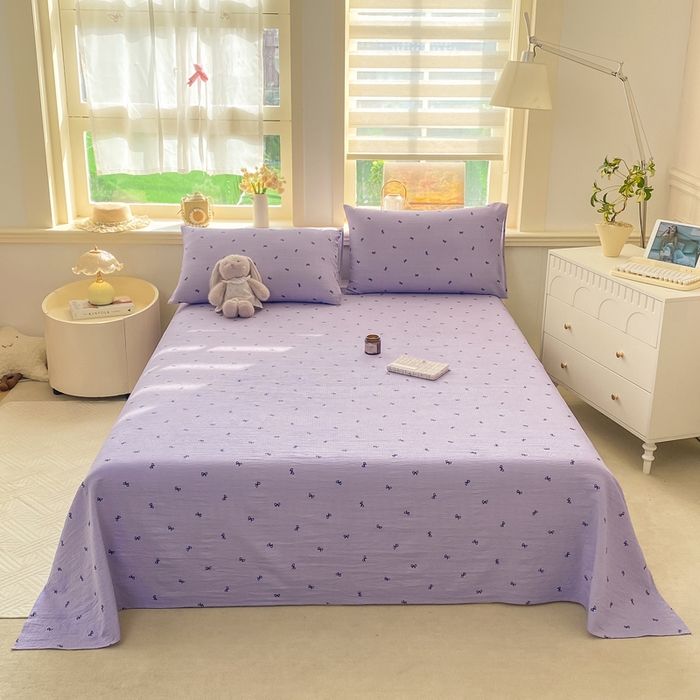 91家纺网 家纺一手货源 找家纺 晓时候 2026新款A类云感双层纱床单三件套单品单件床单 蝴蝶结-紫
