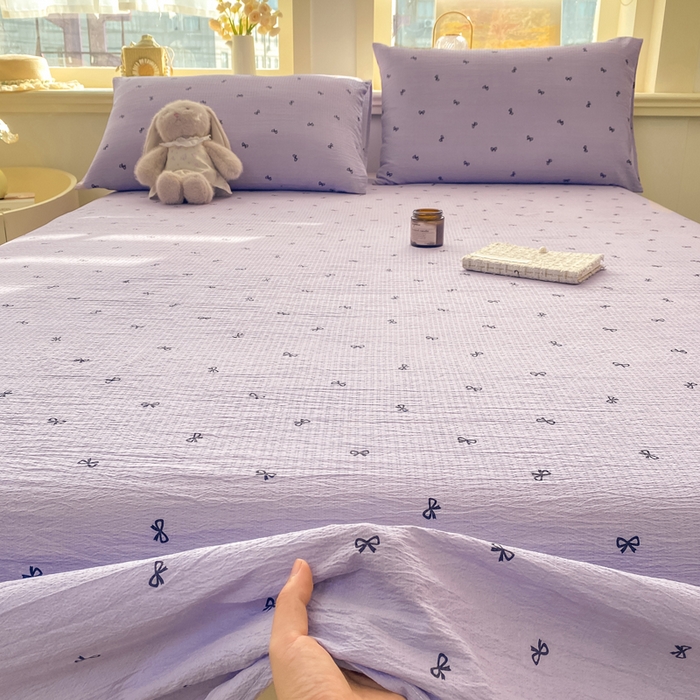 91家纺网 家纺一手货源 找家纺 晓时候 2026新款A类云感双层纱床单三件套单品单件床单 蝴蝶结-紫