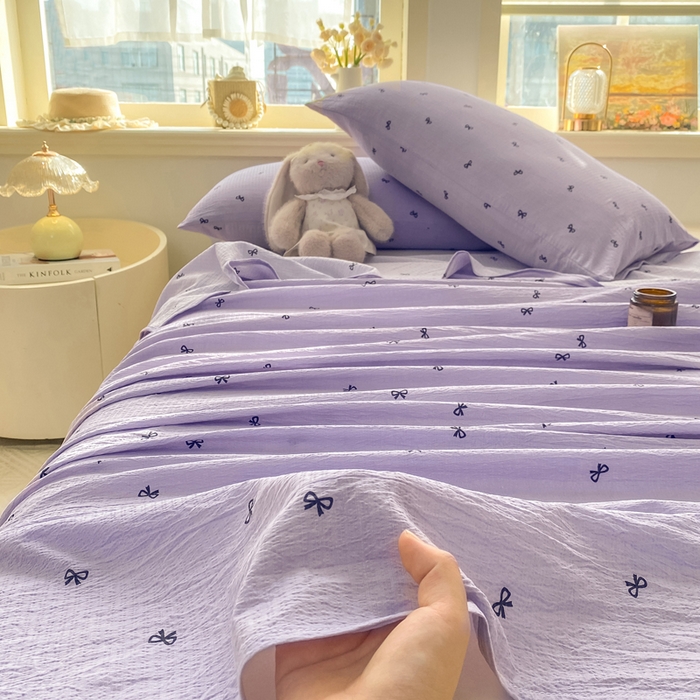 91家纺网 家纺一手货源 找家纺 晓时候 2026新款A类云感双层纱床单三件套单品单件床单 蝴蝶结-紫