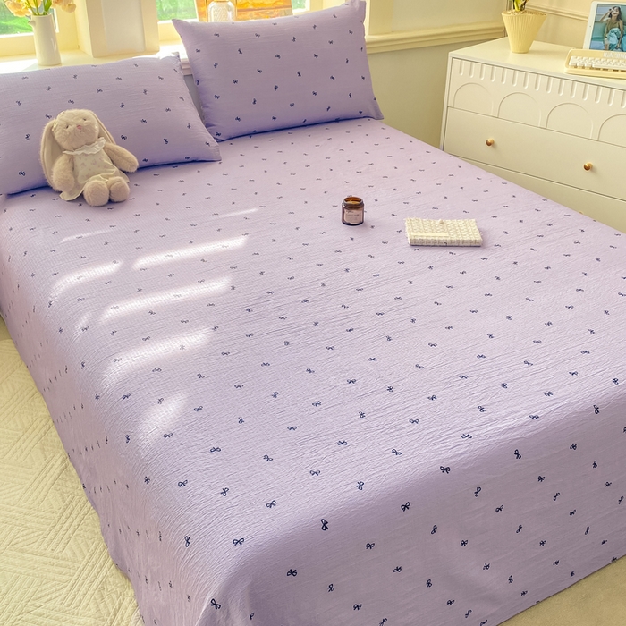 91家纺网 家纺一手货源 找家纺 晓时候 2026新款A类云感双层纱床单三件套单品单件床单 蝴蝶结-紫