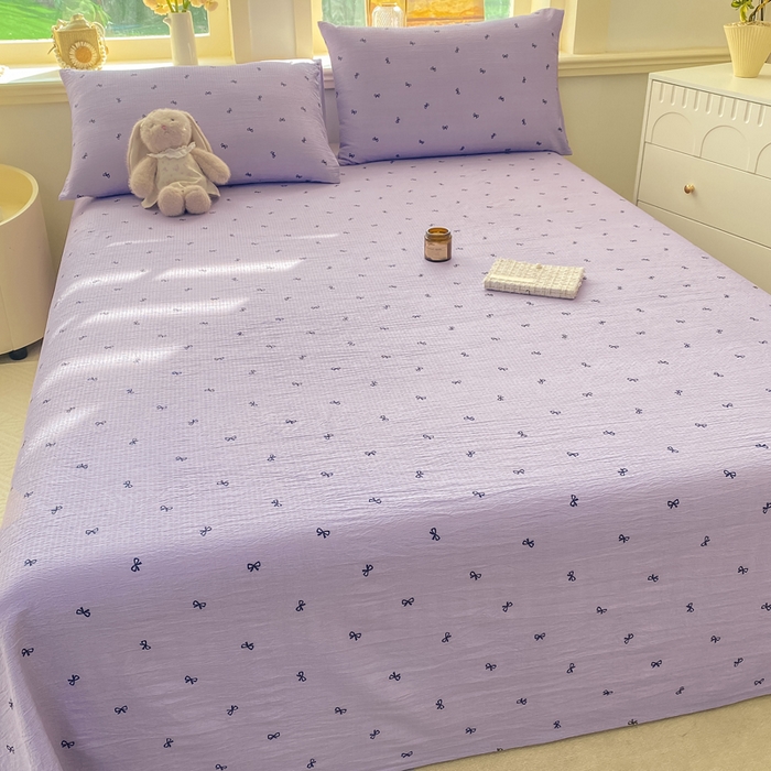 91家纺网 家纺一手货源 找家纺 晓时候 2026新款A类云感双层纱床单三件套单品单件床单 蝴蝶结-紫