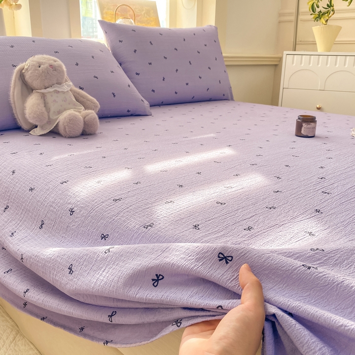 91家纺网 家纺一手货源 找家纺 晓时候 2026新款A类云感双层纱床单三件套单品单件床单 蝴蝶结-紫