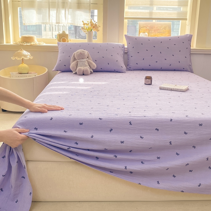 91家纺网 家纺一手货源 找家纺 晓时候 2026新款A类云感双层纱床单三件套单品单件床单 蝴蝶结-紫