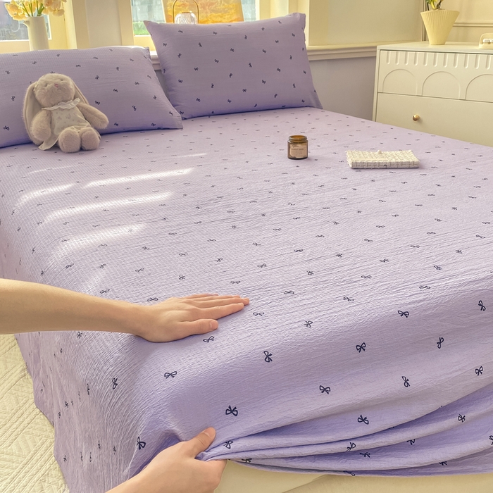 91家纺网 家纺一手货源 找家纺 晓时候 2026新款A类云感双层纱床单三件套单品单件床单 蝴蝶结-紫