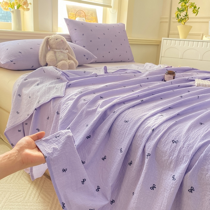 91家纺网 家纺一手货源 找家纺 晓时候 2026新款A类云感双层纱床单三件套单品单件床单 蝴蝶结-紫