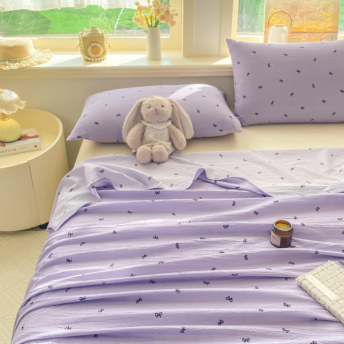 91家纺网 家纺一手货源 找家纺 晓时候 2026新款A类云感双层纱床单三件套单品单件床单 蝴蝶结-紫