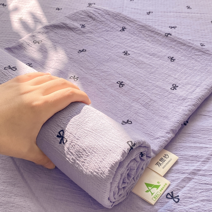 91家纺网 家纺一手货源 找家纺 晓时候 2026新款A类云感双层纱床单三件套单品单件床单 蝴蝶结-紫