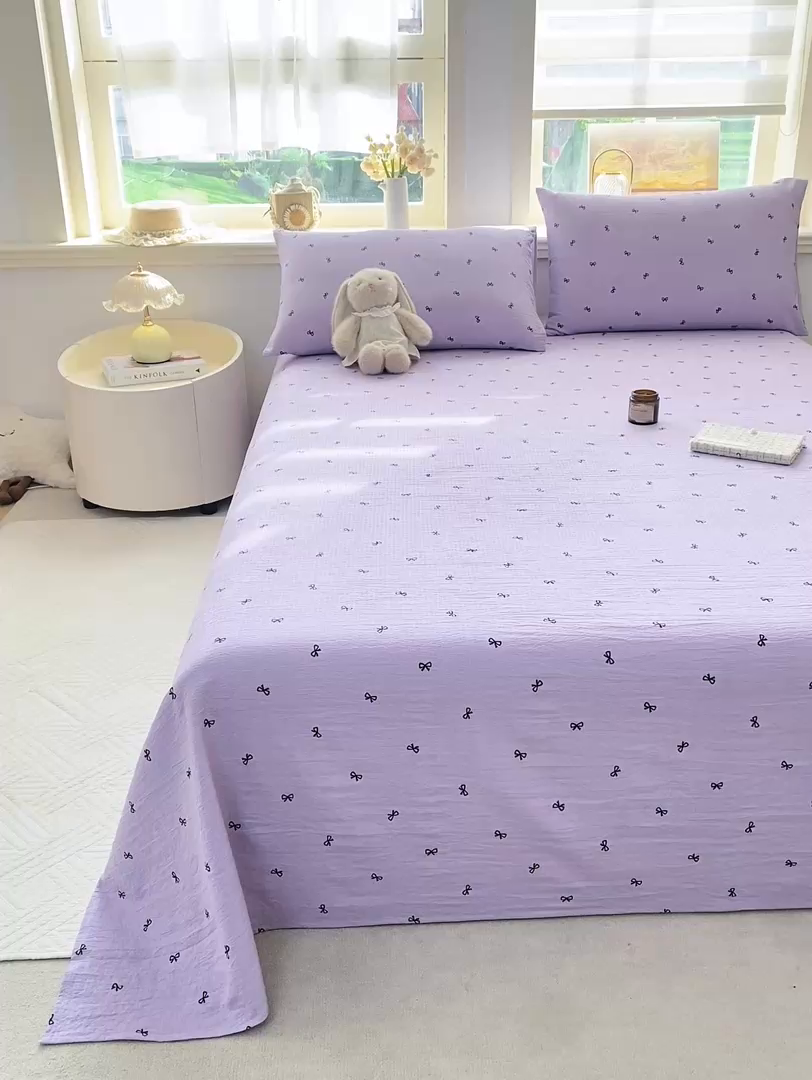 91家纺网 家纺一手货源 找家纺 晓时候 2026新款A类云感双层纱床单三件套单品单件床单 蝴蝶结-紫