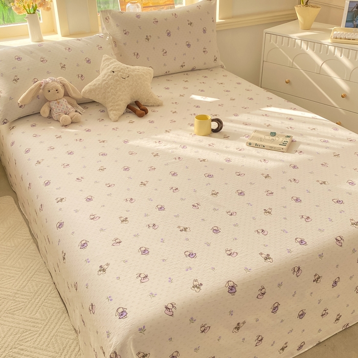 91家纺网 家纺一手货源 找家纺 晓时候 2026新款A类云感双层纱床单三件套单品单件床单 花间兔