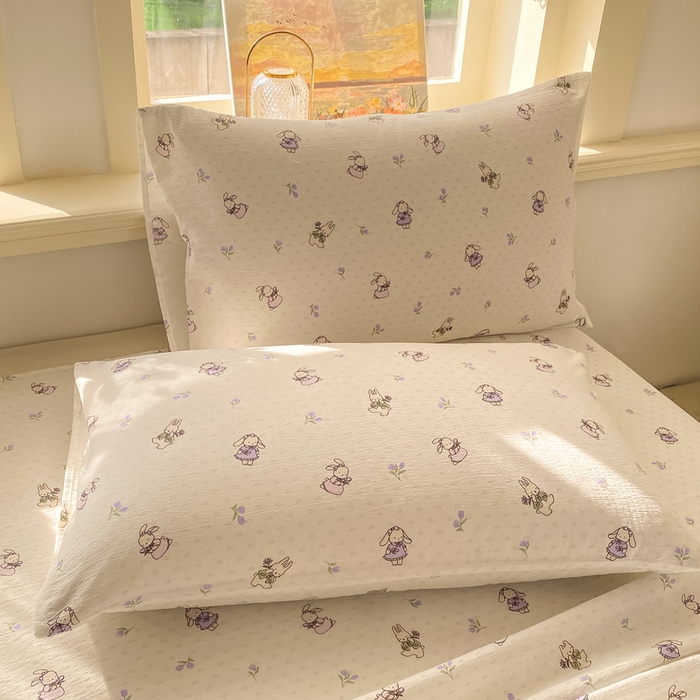 91家纺网 家纺一手货源 找家纺 晓时候 2026新款A类云感双层纱床单三件套单品单件床单 花间兔