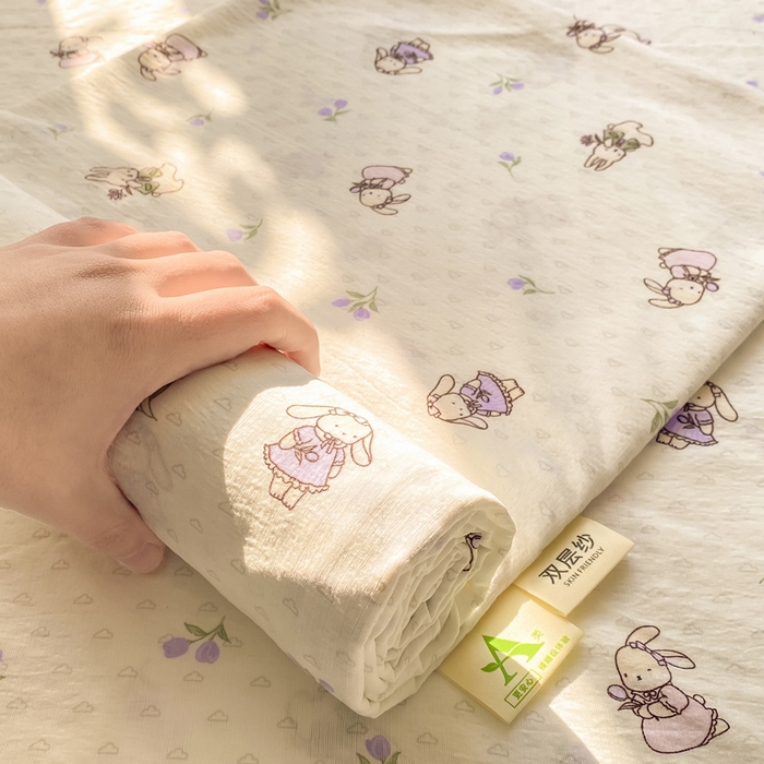 91家纺网 家纺一手货源 找家纺 晓时候 2026新款A类云感双层纱床单三件套单品单件床单 花间兔