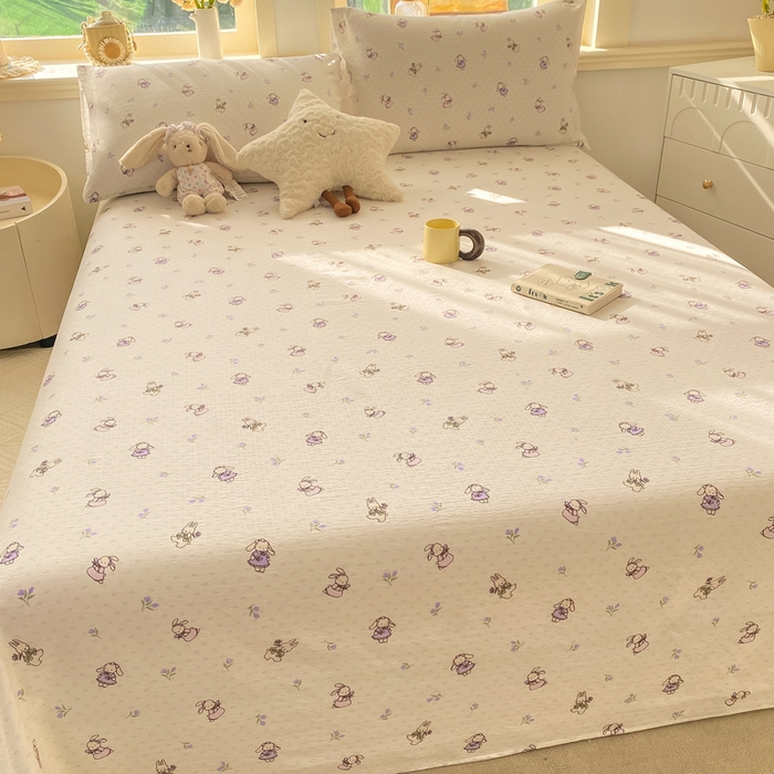 91家纺网 家纺一手货源 找家纺 晓时候 2026新款A类云感双层纱床单三件套单品单件床单 花间兔