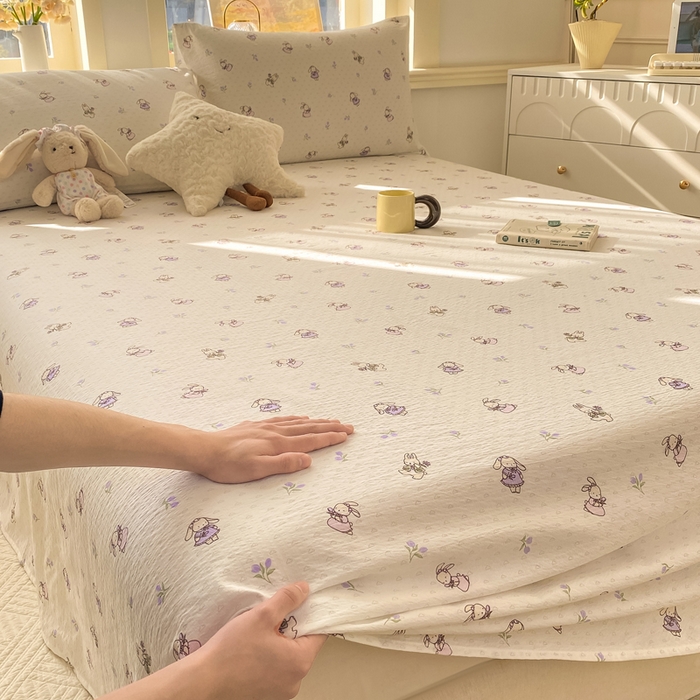 91家纺网 家纺一手货源 找家纺 晓时候 2026新款A类云感双层纱床单三件套单品单件床单 花间兔