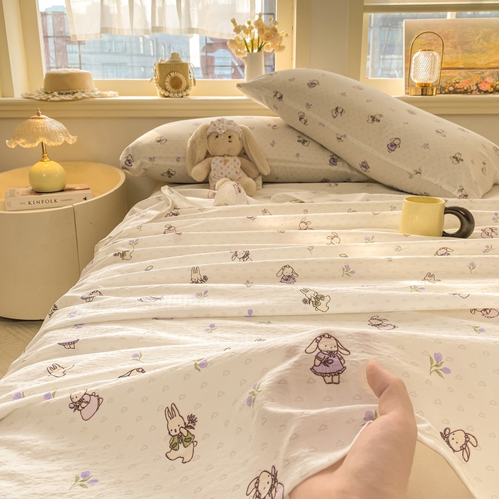 91家纺网 家纺一手货源 找家纺 晓时候 2026新款A类云感双层纱床单三件套单品单件床单 花间兔