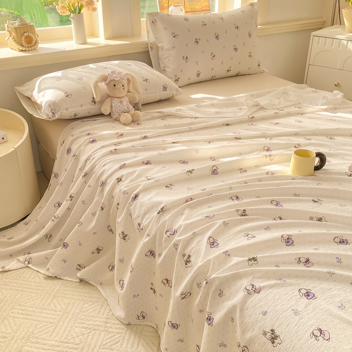 91家纺网 家纺一手货源 找家纺 晓时候 2026新款A类云感双层纱床单三件套单品单件床单 花间兔