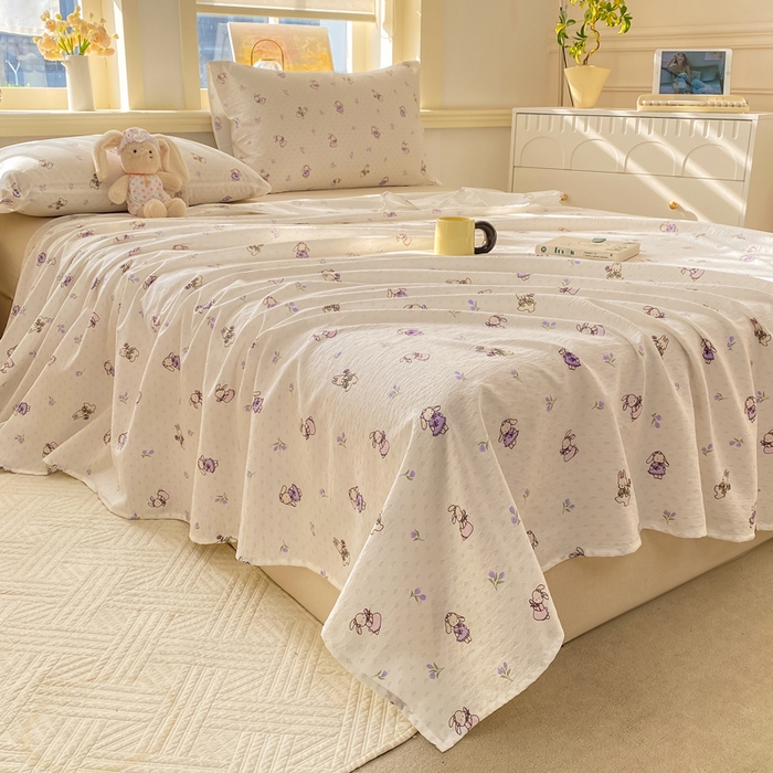 91家纺网 家纺一手货源 找家纺 晓时候 2026新款A类云感双层纱床单三件套单品单件床单 花间兔