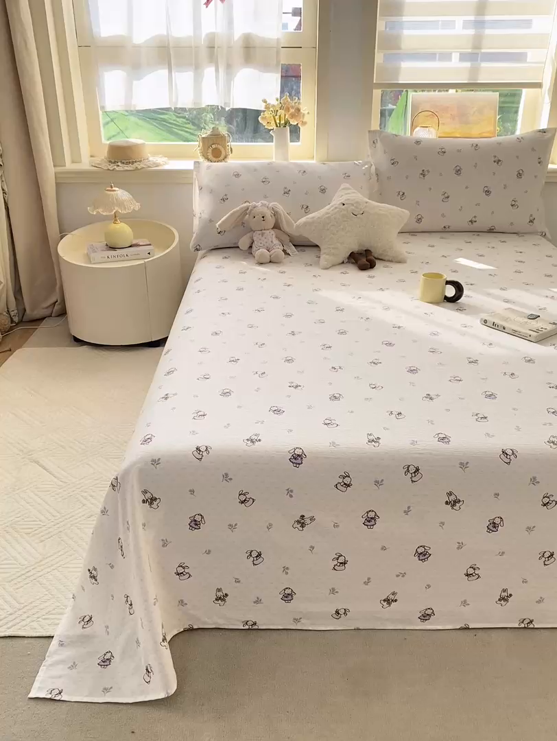 91家纺网 家纺一手货源 找家纺 晓时候 2026新款A类云感双层纱床单三件套单品单件床单 花间兔