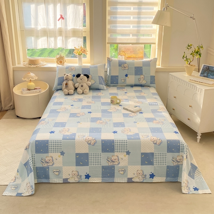 91家纺网 家纺一手货源 找家纺 晓时候 2026新款A类云感双层纱床单三件套单品单件床单 蓝色泡芙狗