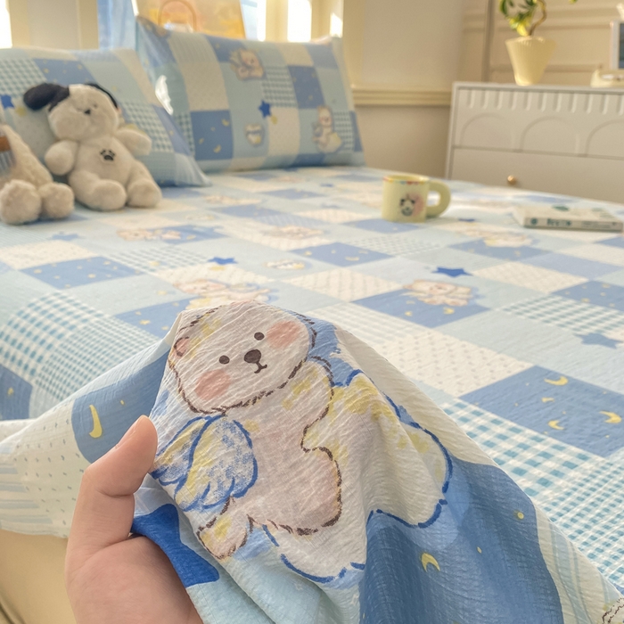 91家纺网 家纺一手货源 找家纺 晓时候 2026新款A类云感双层纱床单三件套单品单件床单 蓝色泡芙狗