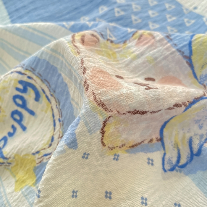 91家纺网 家纺一手货源 找家纺 晓时候 2026新款A类云感双层纱床单三件套单品单件床单 蓝色泡芙狗