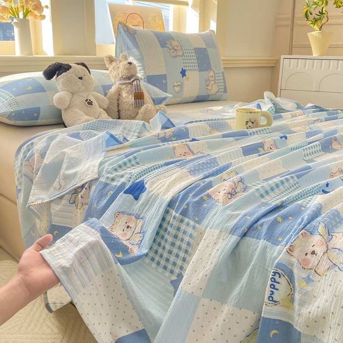 91家纺网 家纺一手货源 找家纺 晓时候 2026新款A类云感双层纱床单三件套单品单件床单 蓝色泡芙狗
