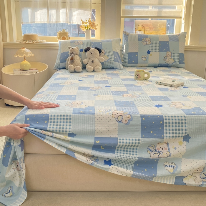 91家纺网 家纺一手货源 找家纺 晓时候 2026新款A类云感双层纱床单三件套单品单件床单 蓝色泡芙狗