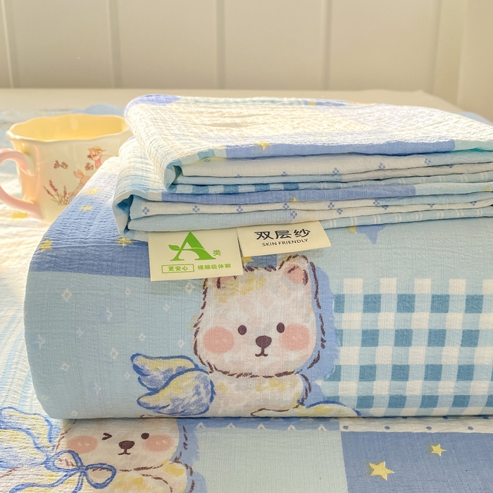 91家纺网 家纺一手货源 找家纺 晓时候 2026新款A类云感双层纱床单三件套单品单件床单 蓝色泡芙狗