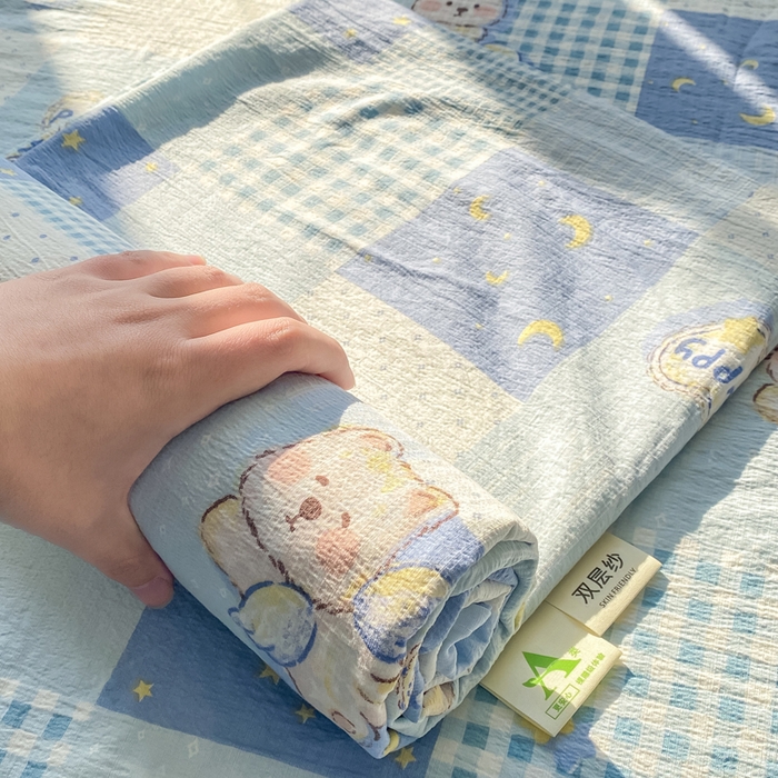 91家纺网 家纺一手货源 找家纺 晓时候 2026新款A类云感双层纱床单三件套单品单件床单 蓝色泡芙狗