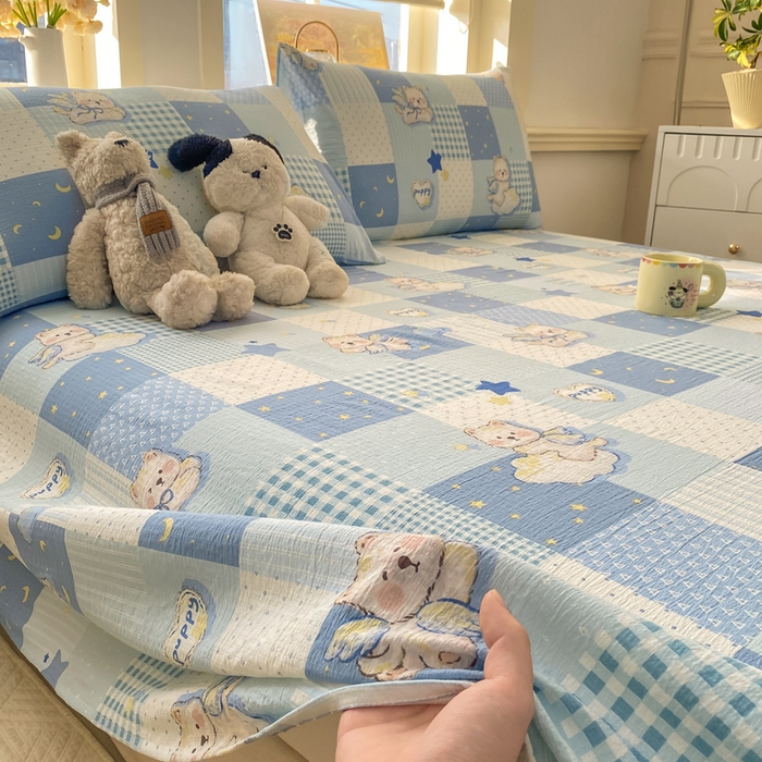 91家纺网 家纺一手货源 找家纺 晓时候 2026新款A类云感双层纱床单三件套单品单件床单 蓝色泡芙狗