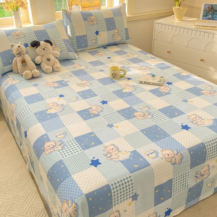 91家纺网 家纺一手货源 找家纺 晓时候 2026新款A类云感双层纱床单三件套单品单件床单 蓝色泡芙狗