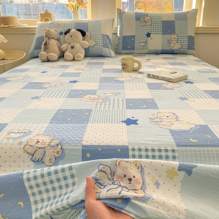 91家纺网 家纺一手货源 找家纺 晓时候 2026新款A类云感双层纱床单三件套单品单件床单 蓝色泡芙狗