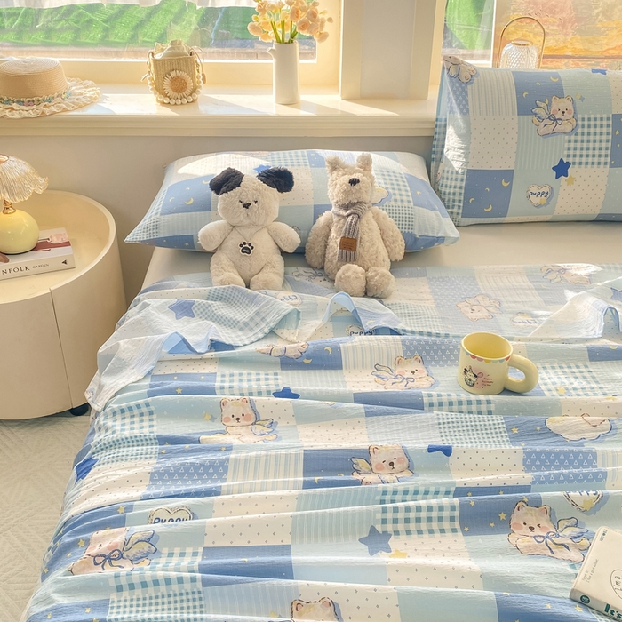 91家纺网 家纺一手货源 找家纺 晓时候 2026新款A类云感双层纱床单三件套单品单件床单 蓝色泡芙狗