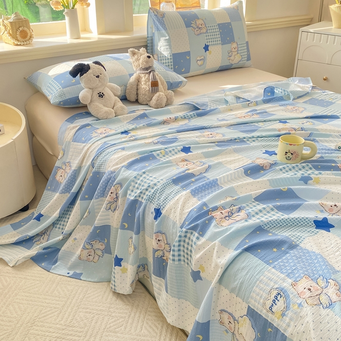 91家纺网 家纺一手货源 找家纺 晓时候 2026新款A类云感双层纱床单三件套单品单件床单 蓝色泡芙狗