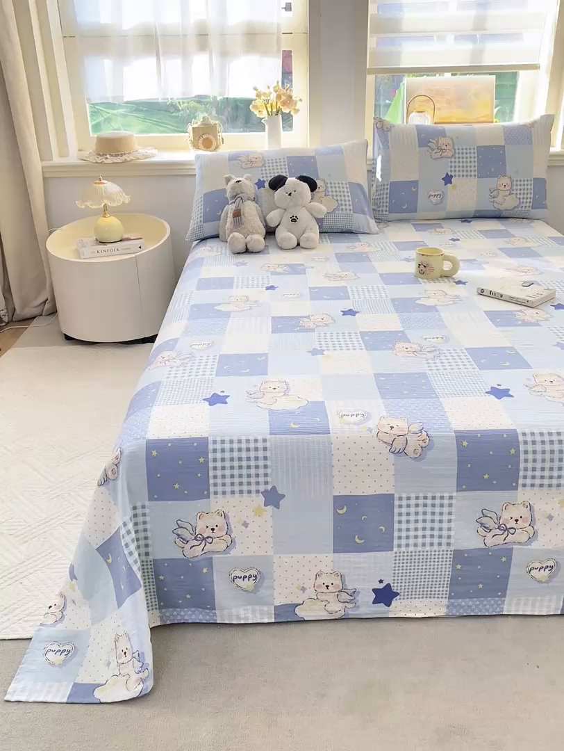 91家纺网 家纺一手货源 找家纺 晓时候 2026新款A类云感双层纱床单三件套单品单件床单 蓝色泡芙狗