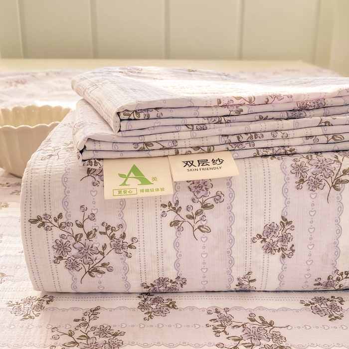 91家纺网 家纺一手货源 找家纺 晓时候 2026新款A类云感双层纱床单三件套单品单件床单 洛神花间