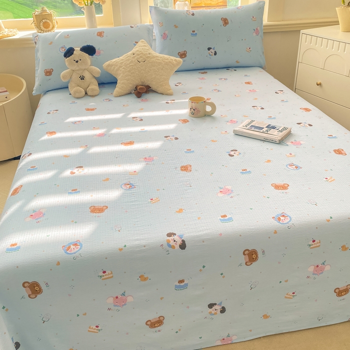 91家纺网 家纺一手货源 找家纺 晓时候 2026新款A类云感双层纱床单三件套单品单件床单 萌宠派对