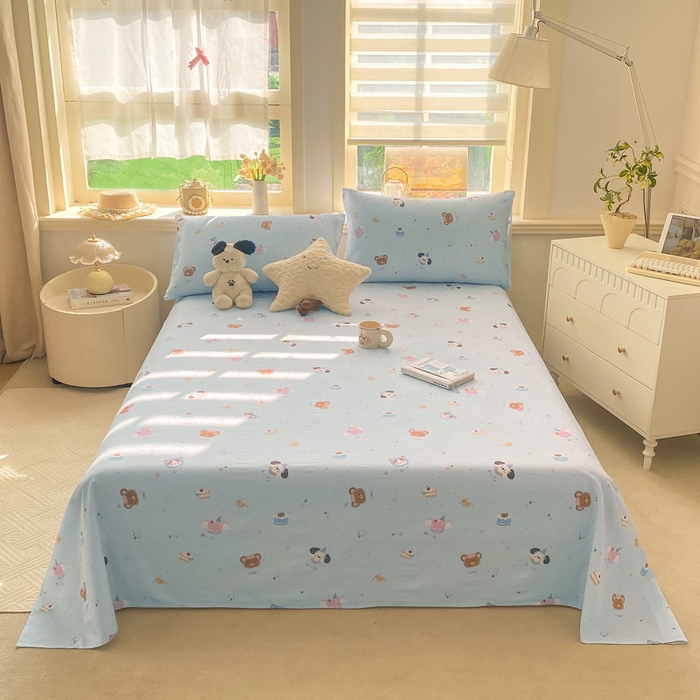 91家纺网 家纺一手货源 找家纺 晓时候 2026新款A类云感双层纱床单三件套单品单件床单 萌宠派对