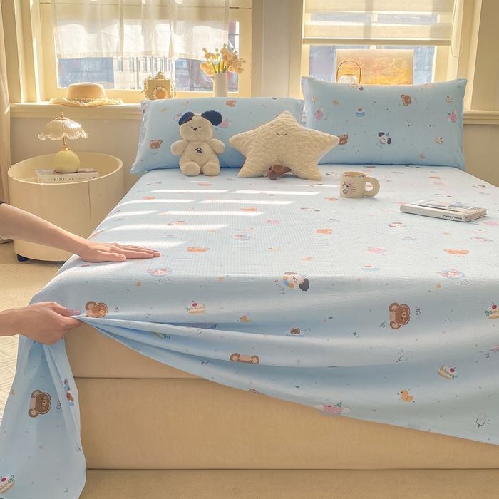 91家纺网 家纺一手货源 找家纺 晓时候 2026新款A类云感双层纱床单三件套单品单件床单 萌宠派对