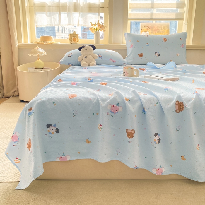 91家纺网 家纺一手货源 找家纺 晓时候 2026新款A类云感双层纱床单三件套单品单件床单 萌宠派对