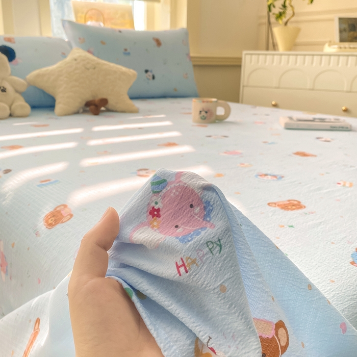 91家纺网 家纺一手货源 找家纺 晓时候 2026新款A类云感双层纱床单三件套单品单件床单 萌宠派对