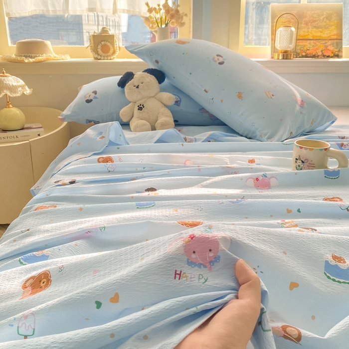 91家纺网 家纺一手货源 找家纺 晓时候 2026新款A类云感双层纱床单三件套单品单件床单 萌宠派对